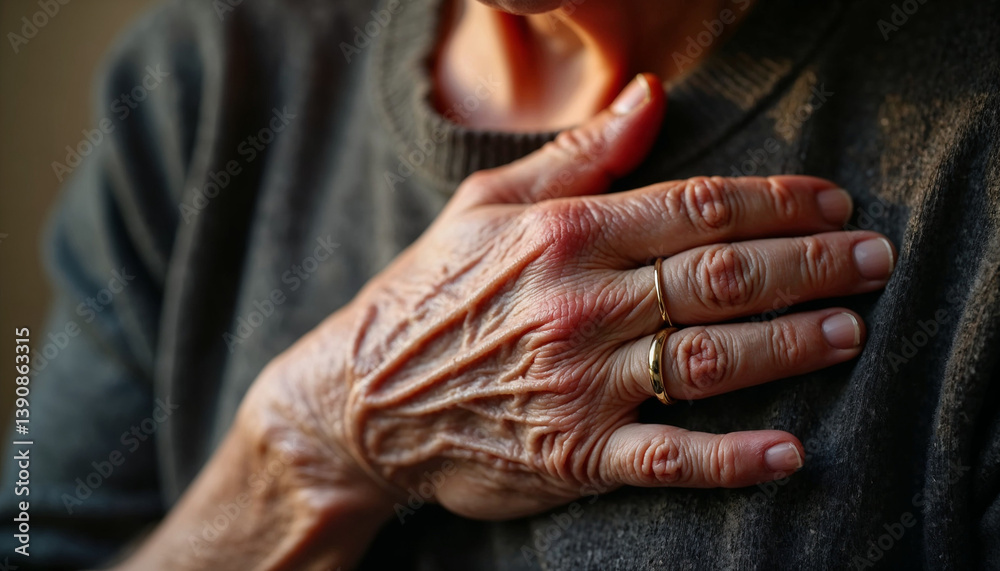 Fototapeta premium Elderly woman holding chest in pain and discomfort