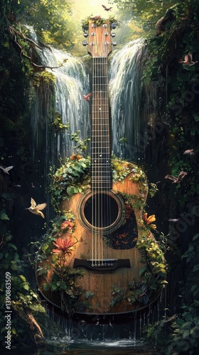 Acoustic guitar nestled amidst a lush waterfall, surrounded by vibrant flora and fauna