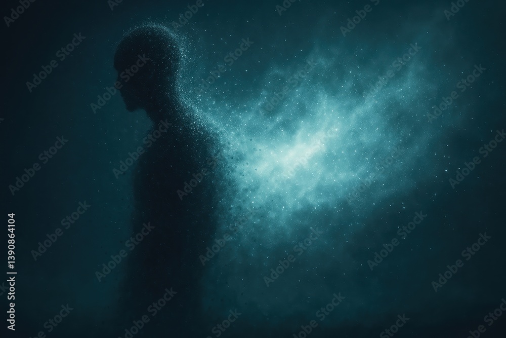 Silhouette of a person dissolving into particles in a dark atmospheric scene Silhouette of a person dissolving into particles in a dark atmospheric scene