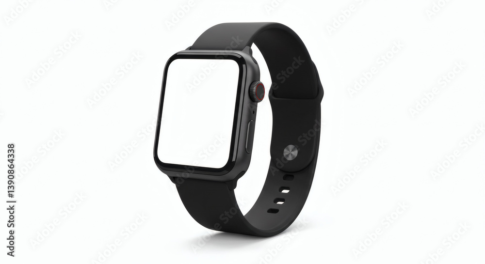 A smartwatch with a blank screen and black strap, isolated on white, product display. A smartwatch with a blank screen and black strap, isolated on white, product display.