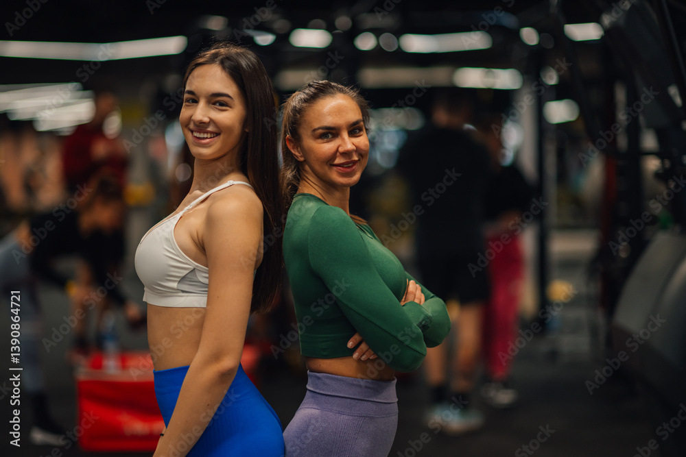 Fototapeta premium Two fit women posing back to back in gym after workout