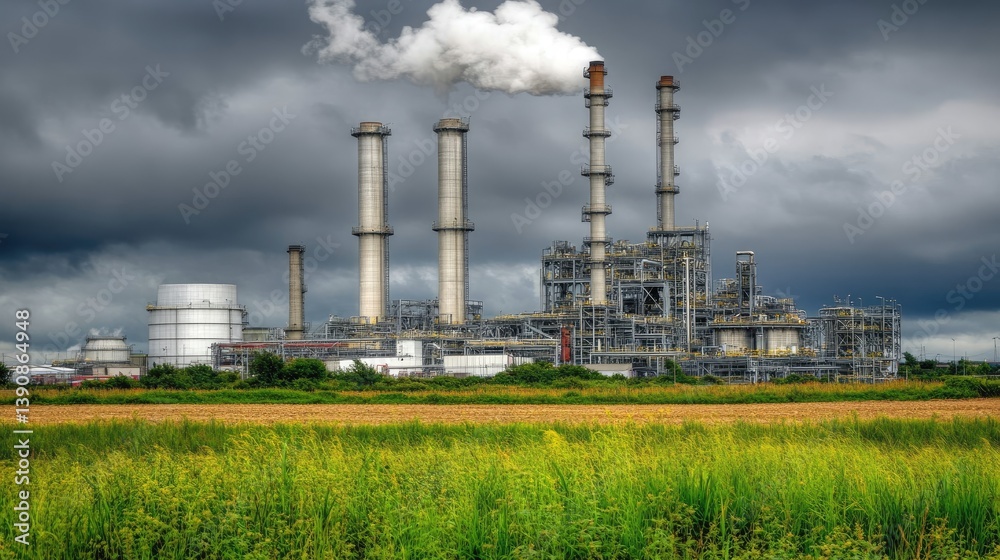 Factory polluting with smoke plumes, rural landscape, gloomy sky Factory polluting with smoke plumes, rural landscape, gloomy sky