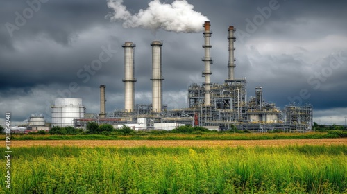 Factory polluting with smoke plumes, rural landscape, gloomy sky