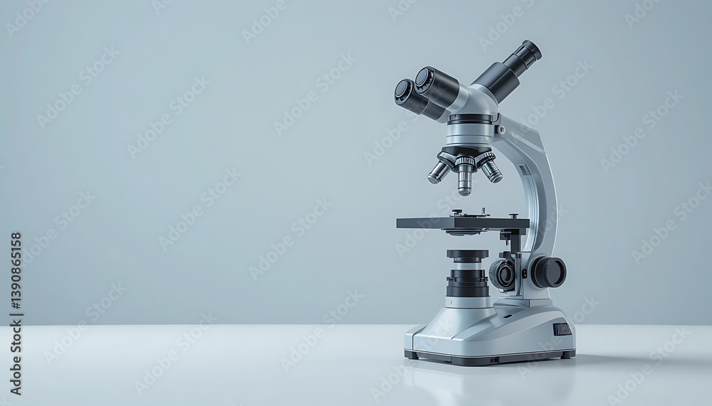 Monochrome Microscope: Scientific Instrument on White Surface, Soft Light, Minimalist Composition Monochrome Microscope: Scientific Instrument on White Surface, Soft Light, Minimalist Composition