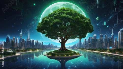 A large, lush, green tree stands prominently in the center of the image
