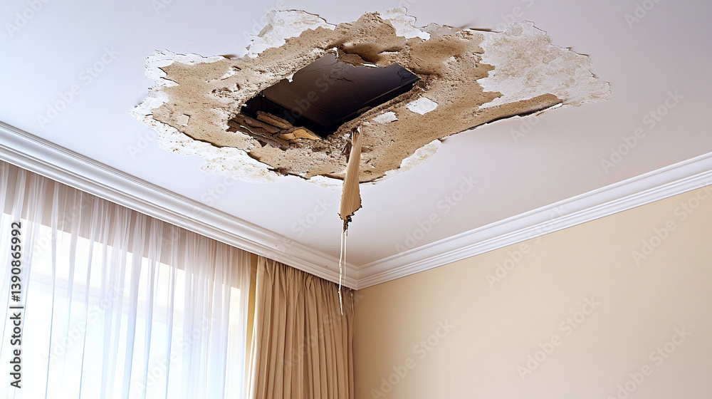 Stained white ceiling with visible water damage, peeling paint, and brown water marks, symbolizing neglect, urgency, and the need for modern restoration and home repair solutions.