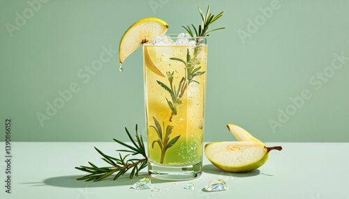Vivid design food and beverage advertisement: A refreshing pear and rosemary cocktail with ice cubes sits in a tall glass against a muted green background, garnished with a slice of pear and sprigs 