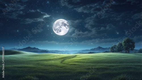 A serene nighttime landscape featuring a full moon shining brightly in a starry sky with scattered clouds