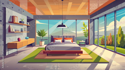 Spacious bedroom with minimal furniture, concrete wall accents, and floor-to-ceiling windows