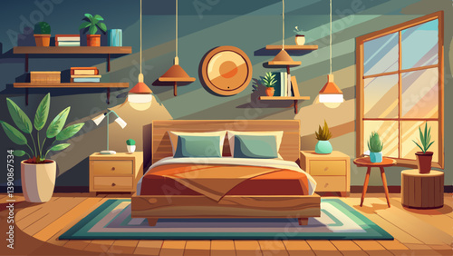 Cozy minimalist bedroom with soft bedding, a floating nightstand, and warm wooden tones.
