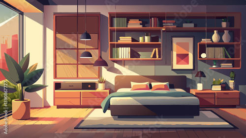 Modern minimalist bedroom with built-in shelves, earthy textures, and soft ambient lighting.