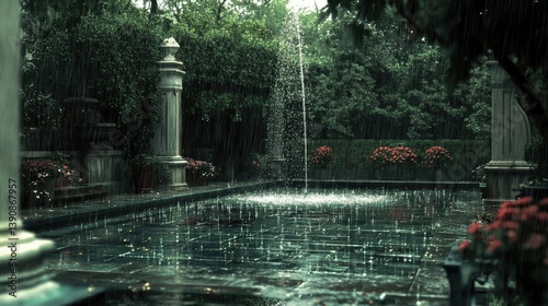 Rainy garden fountain.  Tranquil scene