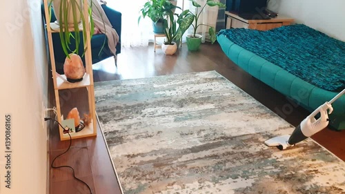 Person vacuums the carpet in the modern apartment. Chores