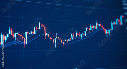 Closeup financial chart with uptrend line candlestick graph in stock market on blue color monitor background