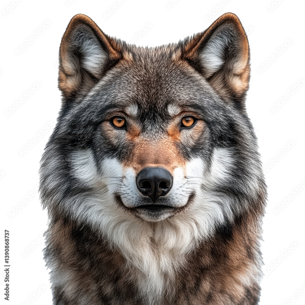 Fototapeta premium Wolf face shot with striking details on a white background showing chaos in nature Generative AI