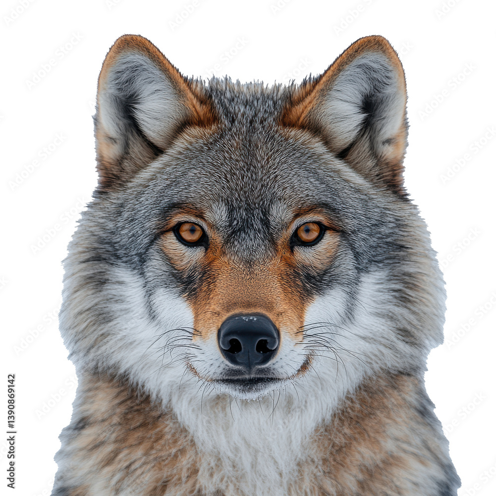 Obraz premium Wolf face shot isolated on transparent background with detailed fur textures and piercing gaze Generative AI