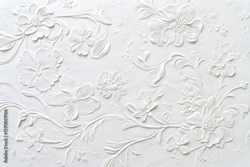 White background with an intricate floral pattern embossed on it, creating an elegant and decorative effect. The texture of the paper is delicate and soft, adding to its overall beauty.