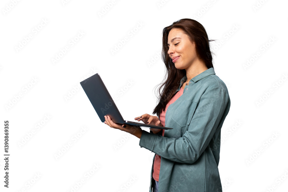 Young woman smiling and using laptop, working remotely with transparent background Young woman smiling and using laptop, working remotely with transparent background