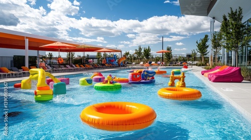 Colorful Floating Toys in Vibrant Pool Setting Under Bright Blue Sky with Fluffy Clouds