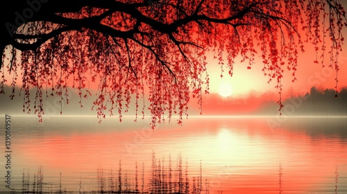 Sunrise over a misty lake, with cherry blossoms