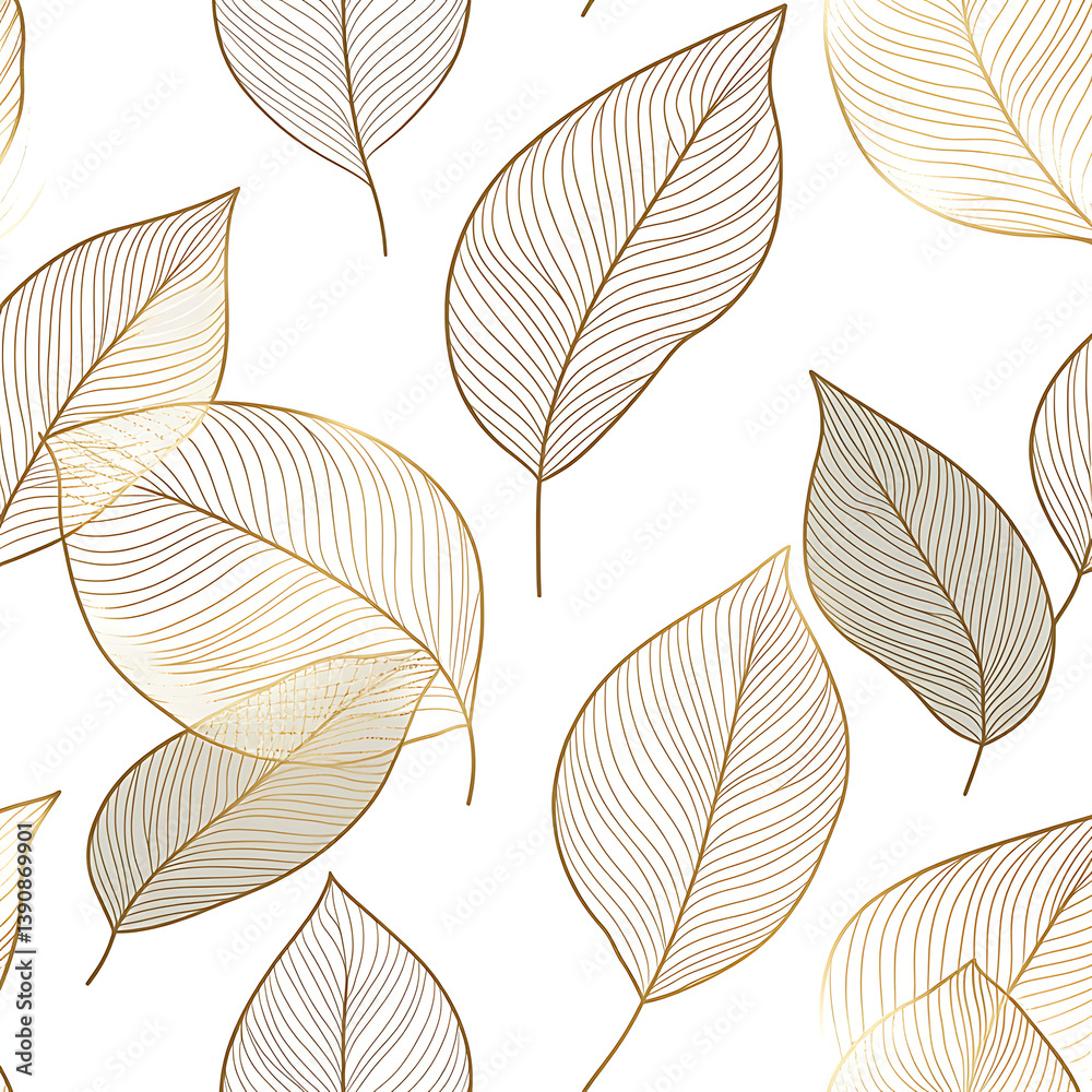 Obraz premium White background, gold lines, light white and dark beige style pattern with a simple leaf line drawing.