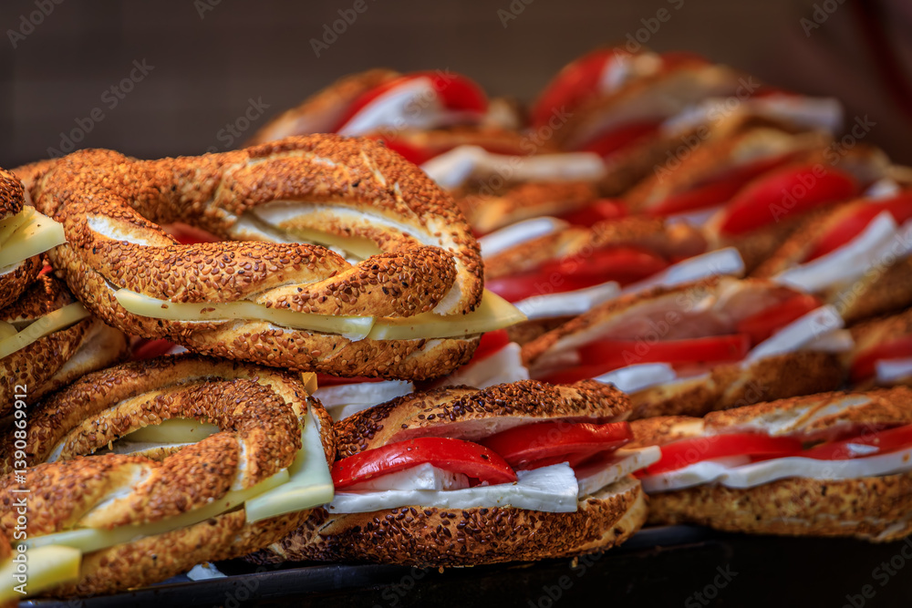 Simit sandwiches with cheese and tomato at a food stall in Istanbul, Turkey