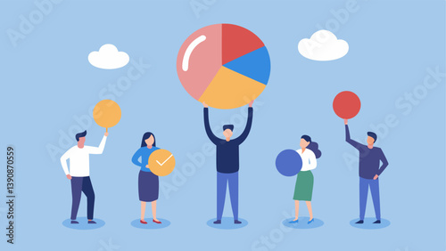Bubble Peak A giant bubble labeled Market Bubble floating above the investors holding pie charts and dollar signs showing the moment of peak irrationality.