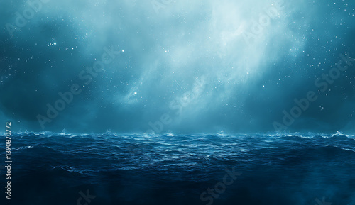Starry sky and sea, with blue and white tones, a dark blue and turquoise background, featuring stars and a galaxy in the night sky.