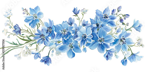 Watercolor painting of blue delphiniums and larkspur flowers on a white background.