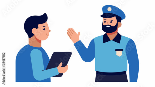 Listening Officer One police officer attentively listening to the witness who is using hand gestures to describe the scene while the other officer stands ready to document the