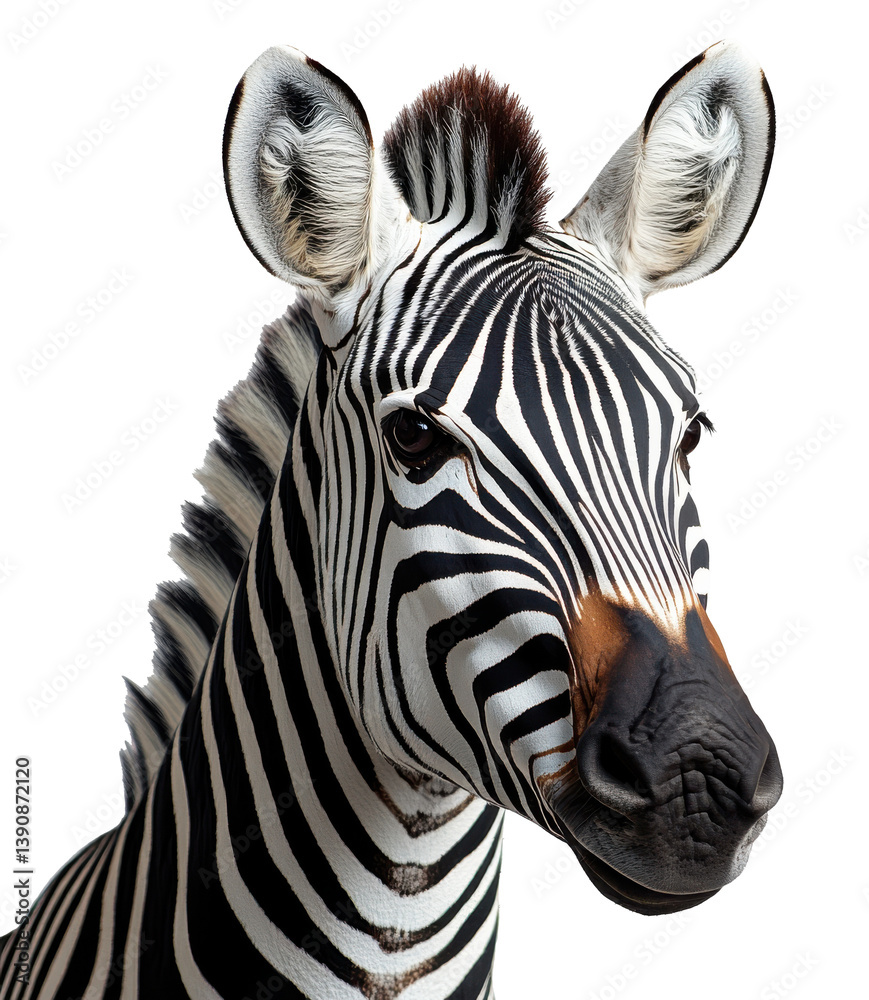 Naklejka premium Zebra face shot with distinct black and white stripes on a plain white background Generative AI