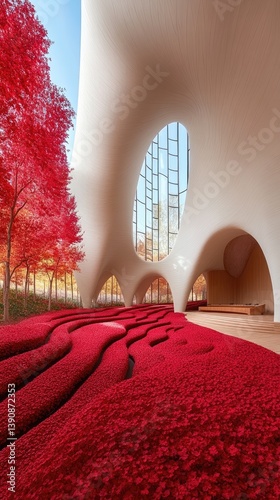 Modern architectural interior, red carpet, autumn trees