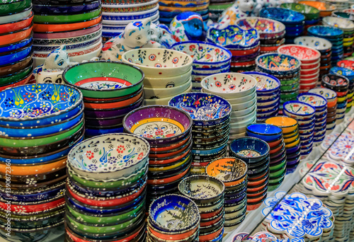 Ornate Turkish ceramic Iznik pottery with floral patterns in Istanbul, Turkey