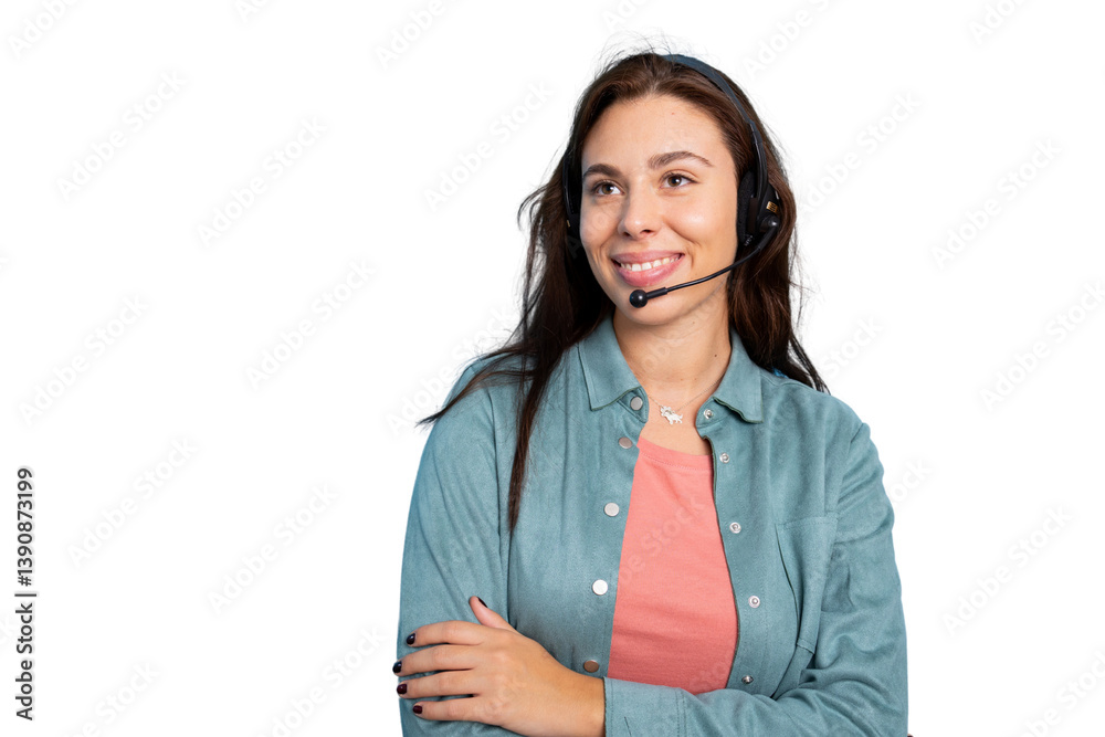 Confident female call center agent smiling while wearing headset, isolated on transparent background Confident female call center agent smiling while wearing headset, isolated on transparent background