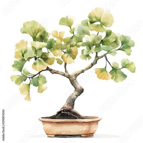 A watercolor painting of Ginkgo Bonsai, isolated on a white background. Ginkgo Bonsai vector


