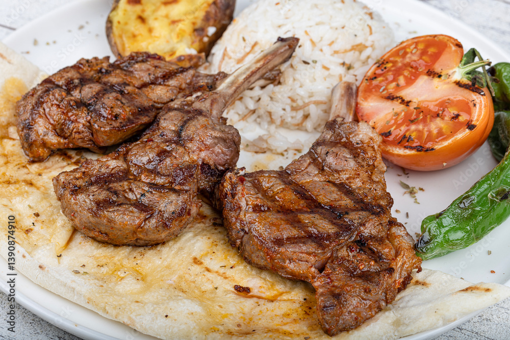 Grilled lamb chops in delicious view, Turkish name kuzu pirzola. Traditional turkish food kuzu pirzola. Turkish style kuzu pirzola lamb cutlet, ottoman cuisine. Grilled lamb chops in delicious view, Turkish name kuzu pirzola. Traditional turkish food kuzu pirzola. Turkish style kuzu pirzola lamb cutlet, ottoman cuisine.