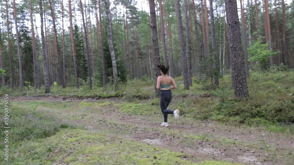 young woman running through the forest on a walk young woman running through the forest on a walk