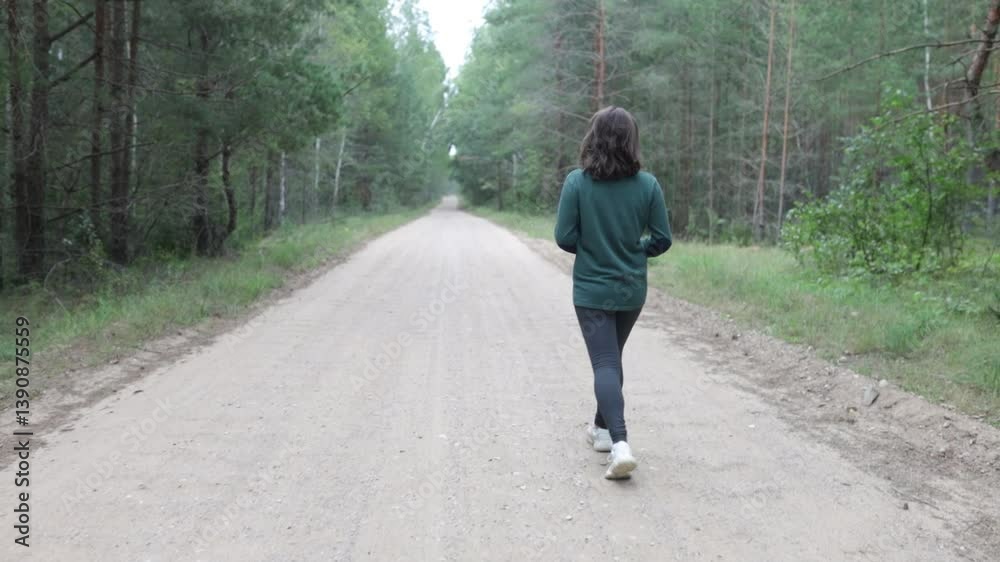 woman walking in the forest in summer in a green sweater woman walking in the forest in summer in a green sweater