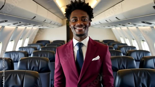 Portrait of a black steward in a maroon uniform on an airplane. Serving passengers on board an airplane