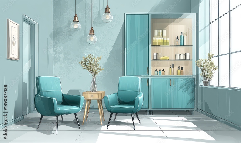 Fototapeta premium A beauty salon interior with minimalist design, featuring light blue walls and white floors