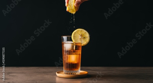 Refreshing iced tea with lemon squeeze on wooden coaster