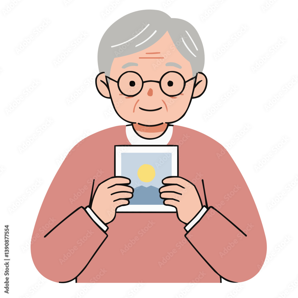 Elderly person holding photo, remembering the past in a warm cozy atmosphere of nostalgia and heartfelt reflection. A minimalist and flat vector design style featuring a simple color palette.