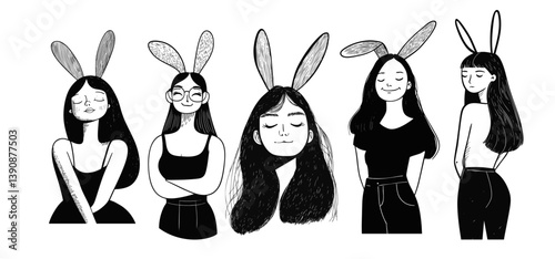 A woman wearing easter bunny ears. hand drawn doodle illustration style