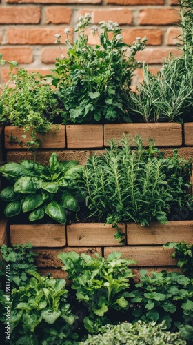 Vertical herb garden nestled in brick walls