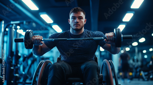 Young man in wheelchair lifting dumbbells in gym, high-energy style, bright fluorescent lighting, trainer watching
