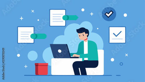 Compliance Checklist Depict a lawyer checking off items on a compliance checklist while seated at a desk with blockchainthemed graphics on the wall behind them.