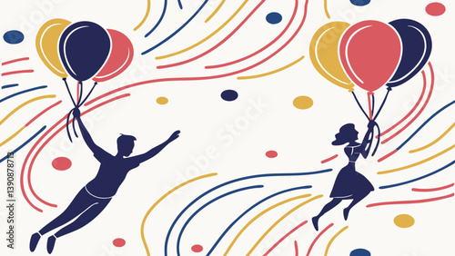 Colorful balloons floating above joyful people in a whimsical design  
