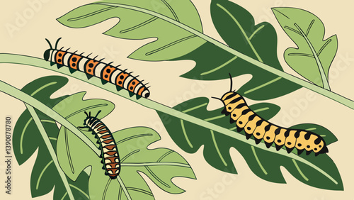 Caterpillars on leaves against a light background  