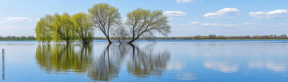 Trees stand in flooded field under blue sky, reflecting in water, background blurred Trees stand in flooded field under blue sky, reflecting in water, background blurred