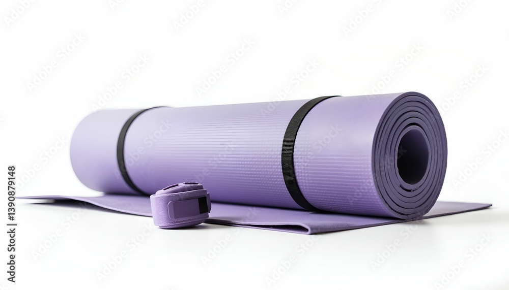 Yoga Mat Rolled Lavender with carrying strap representing fitness gear on white background Yoga Mat Rolled Lavender with carrying strap representing fitness gear on white background